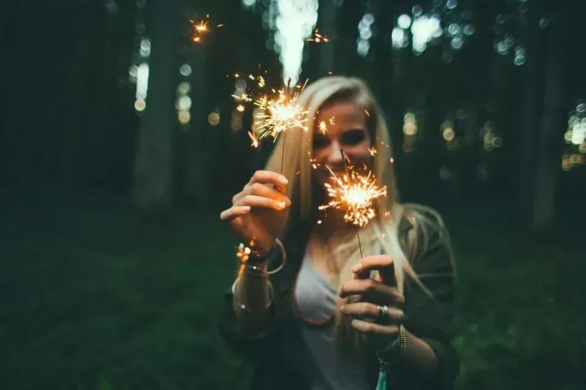 Women using sparklers in front of a camera